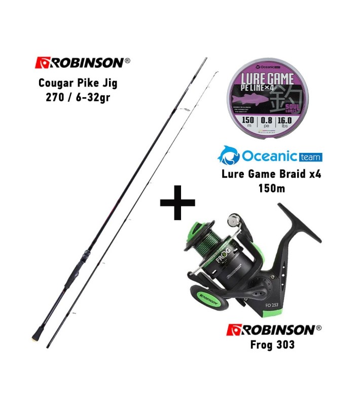 Combo Spinning Robinson Cougar Pike Jig 270 / 6-32gr + Robinson Frog 303 + Oceanic Team Lure Game Braid x4 150m - tokatlis.gr